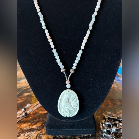 Jewelry - Quartz Beaded Necklace With A Jadeite Carved Pendant 1.5” long